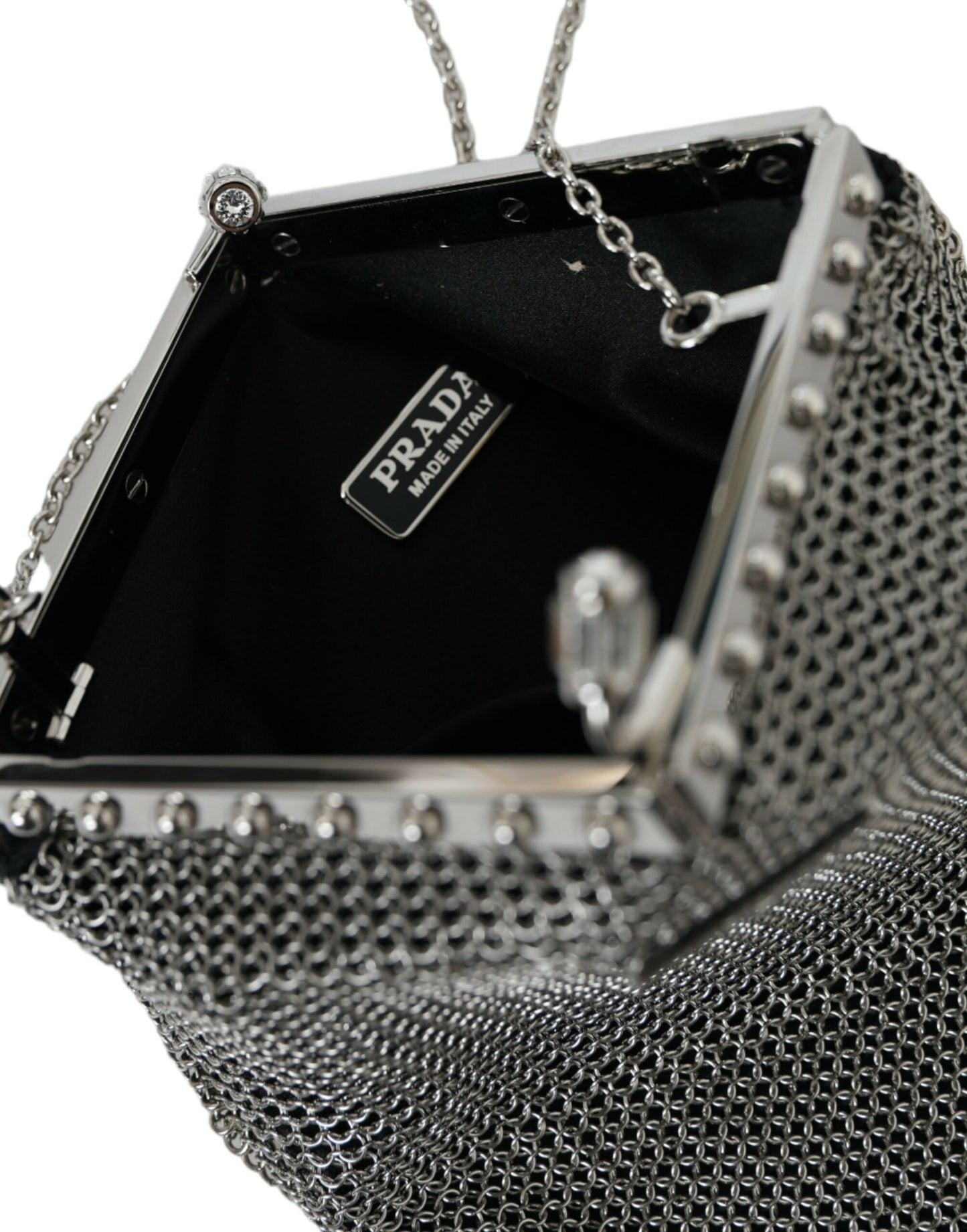 Prada Elegant Silver Mesh Skulder Aftentaske