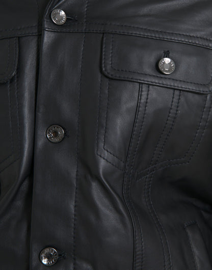 Dolce &amp; Gabbana Sort Læder Bikerjakke med Pelskrave