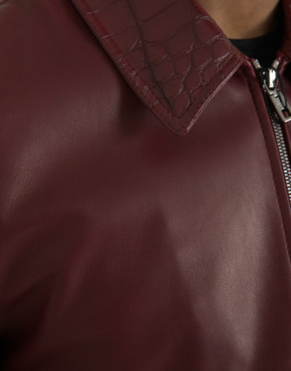 Dolce &amp; Gabbana Maroon Eksotisk Læderjakke med Lynlås og Bikerfrakke