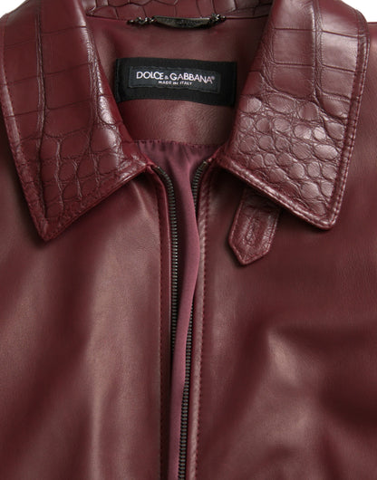 Dolce &amp; Gabbana Maroon Eksotisk Læderjakke med Lynlås og Bikerfrakke