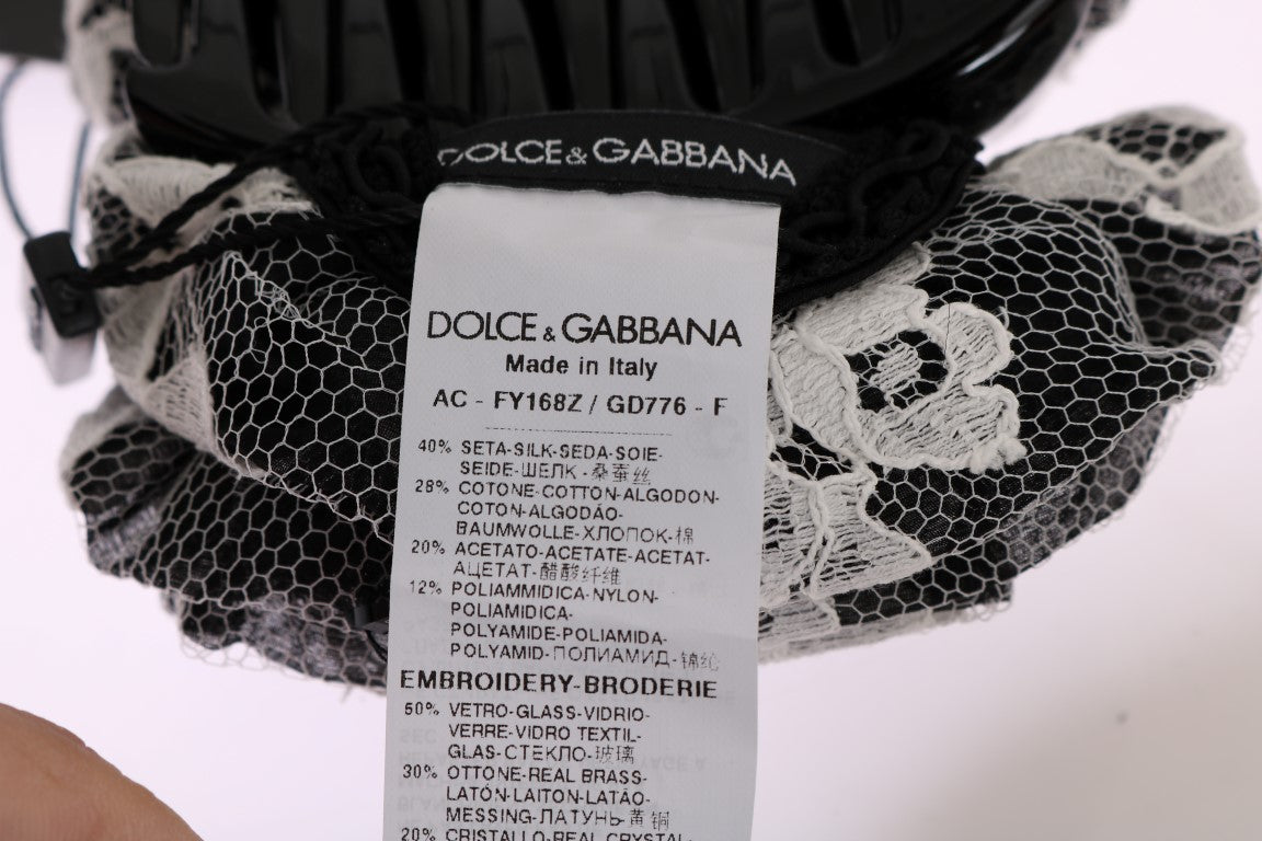 Dolce &amp; Gabbana Elegant sort &amp; hvid blomstret blonde krystalhårklo