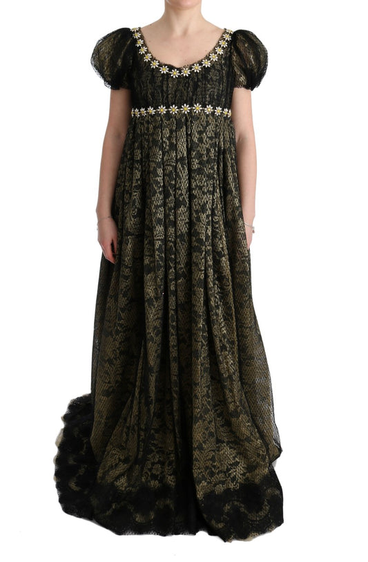 Dolce &amp; Gabbana Sunflower Lace Crystal Maxi Shift-kjole