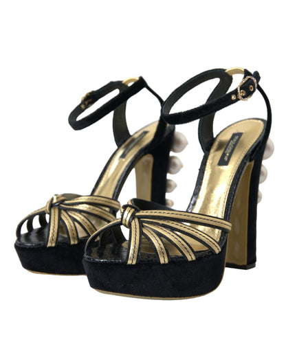 Dolce &amp; Gabbana Sorte Guld Udsmykkede Hæle Sandaler Sko