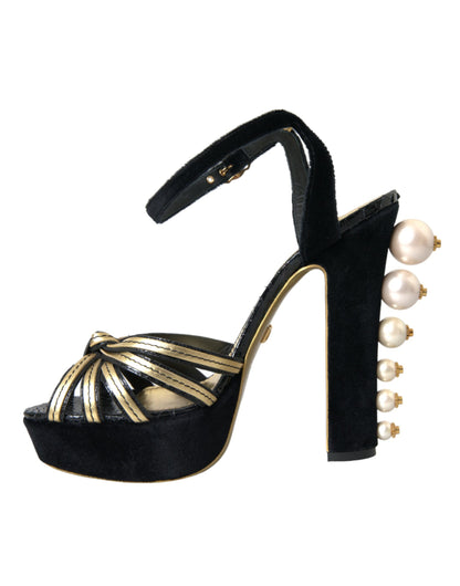 Dolce &amp; Gabbana Sorte Guld Udsmykkede Hæle Sandaler Sko