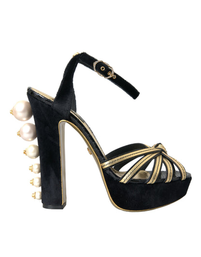 Dolce &amp; Gabbana Sorte Guld Udsmykkede Hæle Sandaler Sko