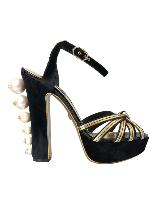 Dolce &amp; Gabbana Sorte Guld Udsmykkede Hæle Sandaler Sko