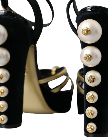 Dolce &amp; Gabbana Sorte Guld Udsmykkede Hæle Sandaler Sko