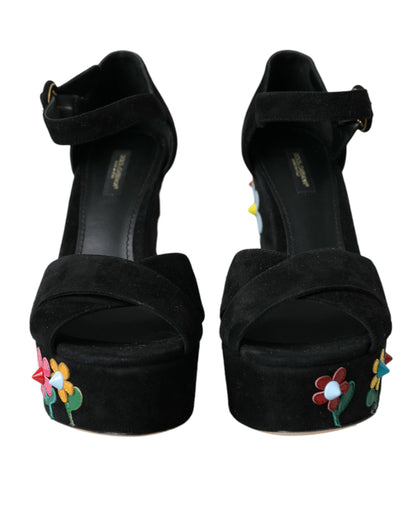Dolce &amp; Gabbana Sorte Blomster Ankelrem Hæle Sandaler Sko