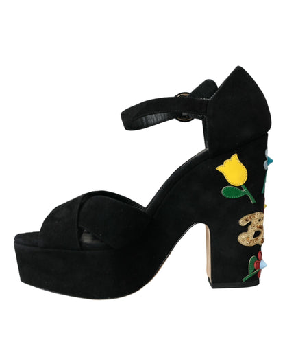 Dolce &amp; Gabbana Sorte Blomster Ankelrem Hæle Sandaler Sko
