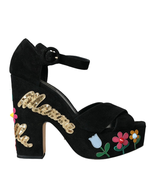 Dolce &amp; Gabbana Sorte Blomster Ankelrem Hæle Sandaler Sko