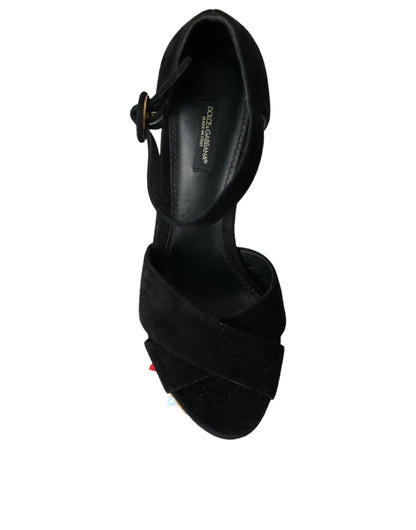Dolce &amp; Gabbana Sorte Blomster Ankelrem Hæle Sandaler Sko