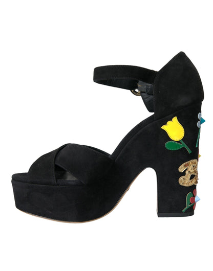 Dolce &amp; Gabbana Sorte Ruskinds Sandaler med Ankelrem og Høje Hæle