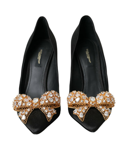 Dolce &amp; Gabbana Sorte Satin Sløjfe Krystalhæle Pumps Sko