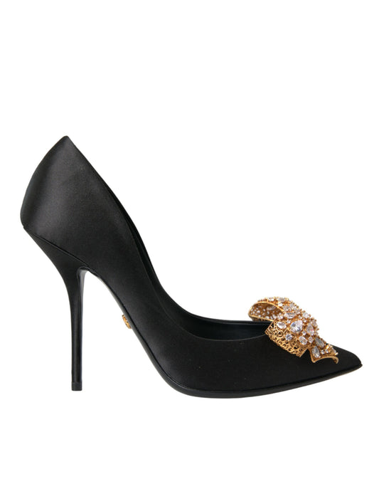 Dolce &amp; Gabbana Sorte Satin Sløjfe Krystalhæle Pumps Sko