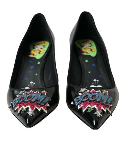 Dolce &amp; Gabbana Sorte Læder BOOM Patch Hæle Pumps Sko