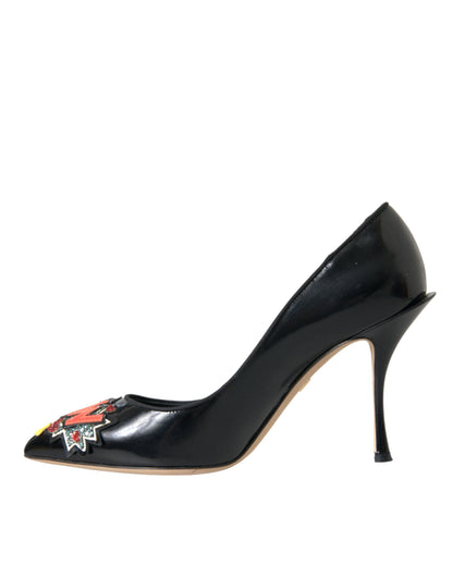 Dolce &amp; Gabbana Sorte Læder WOW Patch Hæle Pumps Sko