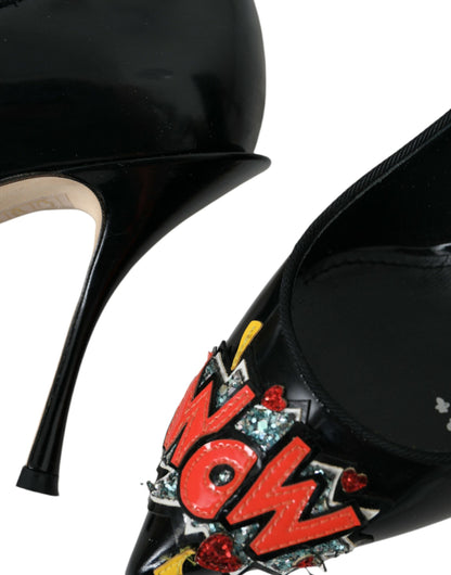 Dolce &amp; Gabbana Sorte Læder WOW Patch Hæle Pumps Sko