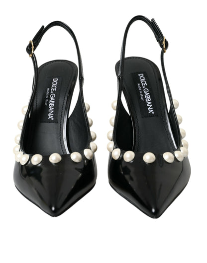 Dolce &amp; Gabbana Sorte Læder Slingback Sko med Hæl og Imiteret Perle