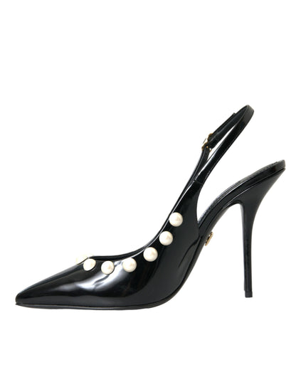 Dolce &amp; Gabbana Sorte Læder Slingback Sko med Hæl og Imiteret Perle