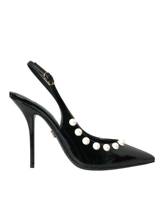 Dolce &amp; Gabbana Sorte Læder Slingback Sko med Hæl og Imiteret Perle