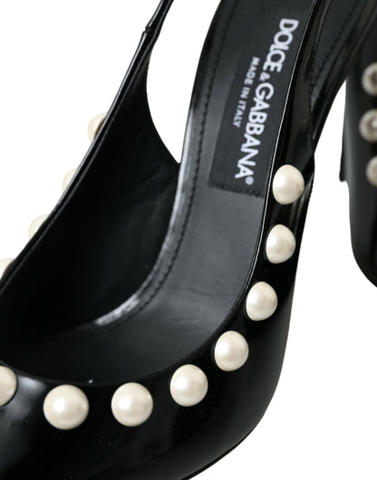 Dolce &amp; Gabbana Sorte Læder Slingback Sko med Hæl og Imiteret Perle