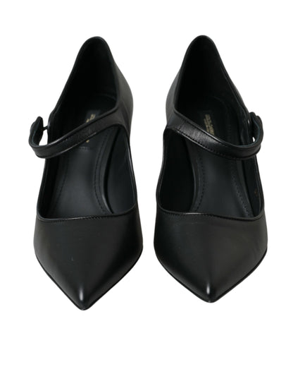 Dolce &amp; Gabbana Sorte Læder Logo Hæle Mary Janes Pumps Sko