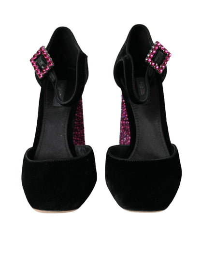 Dolce &amp; Gabbana Sorte Fløjlssko med Strasskrystal og Mary Janes
