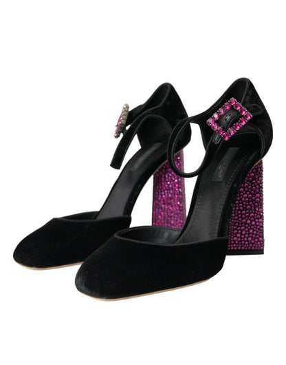 Dolce &amp; Gabbana Sorte Fløjlssko med Strasskrystal og Mary Janes