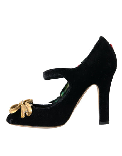 Dolce &amp; Gabbana Black Roses Krystalbroche Mary Jane Sko