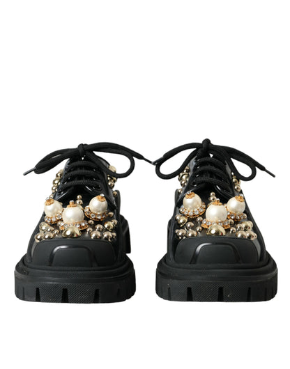 Dolce &amp; Gabbana Sorte Læder Trekking Derby Udsmykkede Sko