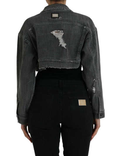 Dolce &amp; Gabbana Mørkegrå Bomulds Stretch Cropped Denimjakke