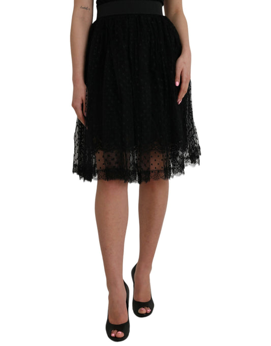 Dolce &amp; Gabbana Sort Nylon Blondekant Højtaljet A-line Nederdel