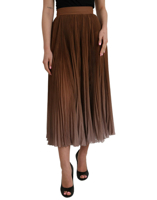 Dolce &amp; Gabbana Brun Polyester Plisseret Højtaljet Midi Nederdel