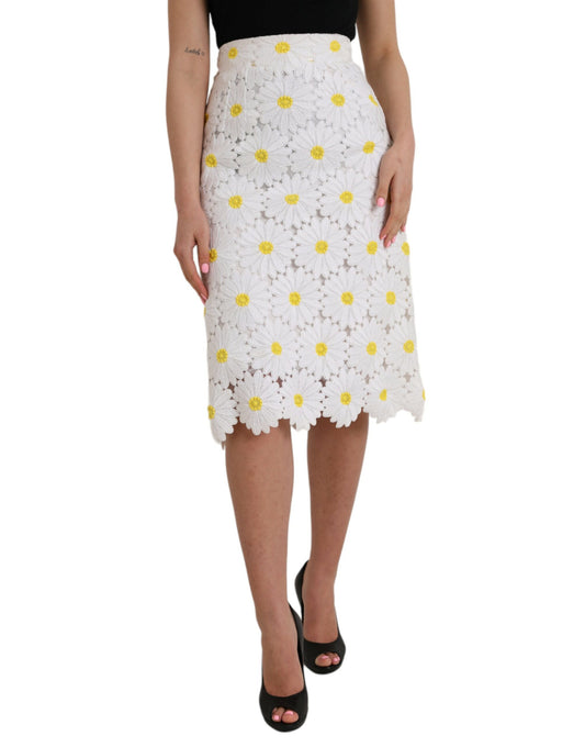 Dolce &amp; Gabbana Hvid Blomsterblyantnederdel med Lige Blonder
