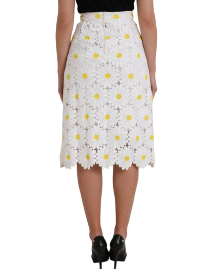Dolce &amp; Gabbana Hvid Blomsterblyantnederdel med Lige Blonder