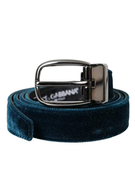 Dolce &amp; Gabbana Blue Velvet Læder Sølv Metal Spænde Bælte