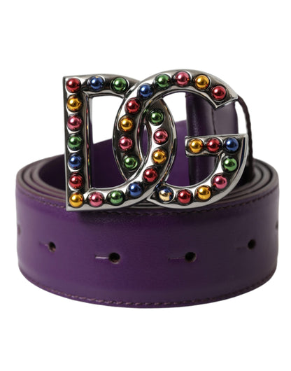 Dolce & Gabbana Purple Leather DG Logo Studs Metal Buckle Belt