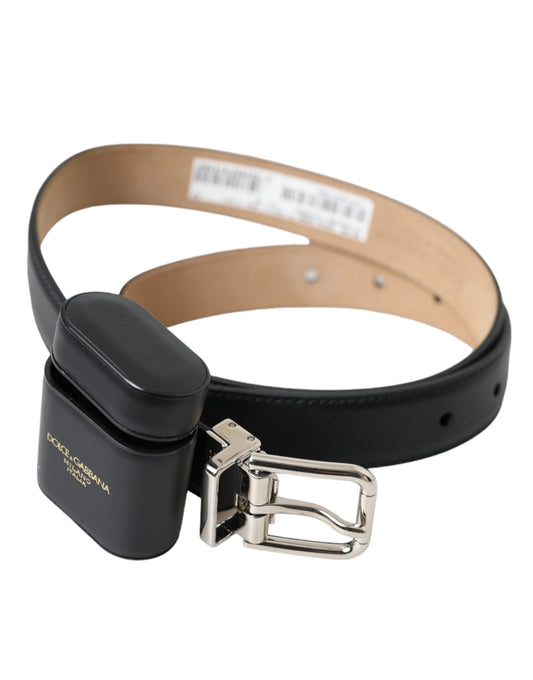 Dolce &amp; Gabbana Sort Læder Airpods Etui Sølv Spænde Bælte