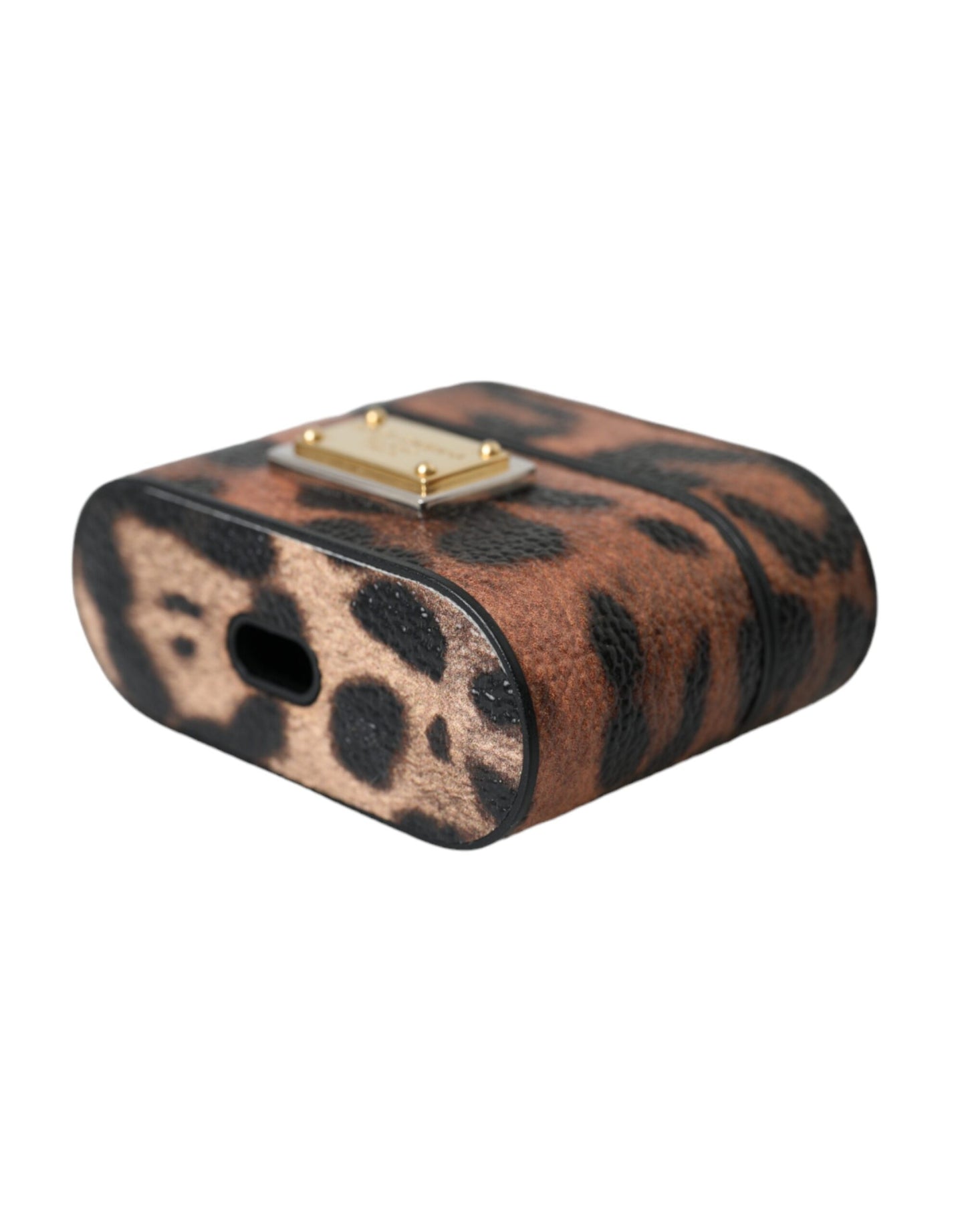 Dolce &amp; Gabbana Brown Leopard Calf Leather Logo Plaque Airpods taske