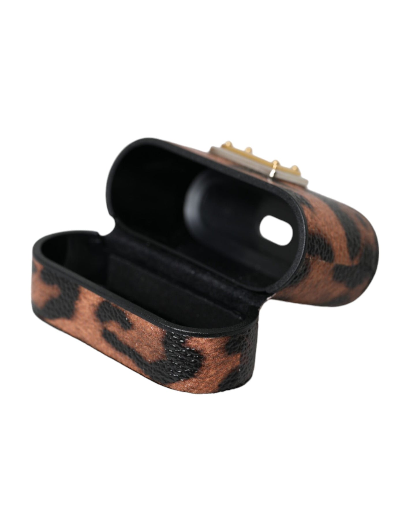 Dolce &amp; Gabbana Brown Leopard Calf Leather Logo Plaque Airpods taske