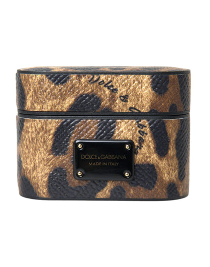 Dolce &amp; Gabbana Brown Leopard Kalveskind Metal Logo Plaque Airpods etui