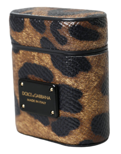 Dolce &amp; Gabbana Brown Leopard Kalveskind Metal Logo Plaque Airpods etui