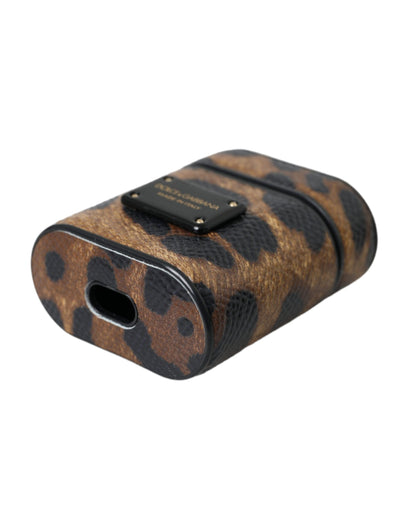 Dolce &amp; Gabbana Brown Leopard Kalveskind Metal Logo Plaque Airpods etui