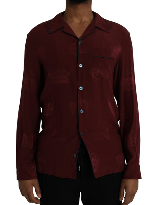 Dolce &amp; Gabbana Maroon Crown Jacquard Silke Langærmet Skjorte