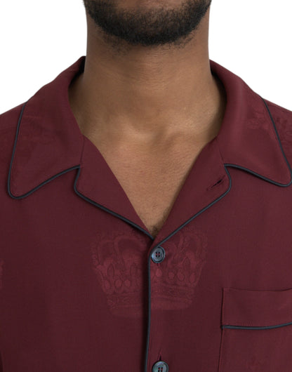 Dolce &amp; Gabbana Maroon Crown Jacquard Silke Langærmet Skjorte
