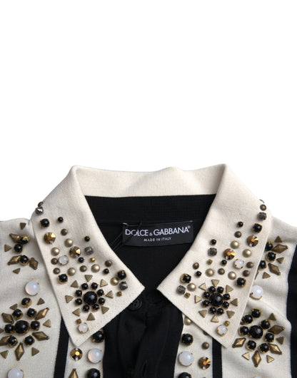 Dolce &amp; Gabbana Hvid Sort Silke Skjorte med Nitter og Stenkrystal