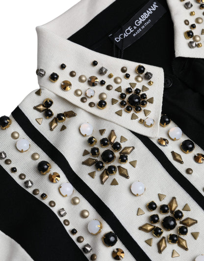 Dolce &amp; Gabbana Hvid Sort Silke Skjorte med Nitter og Stenkrystal