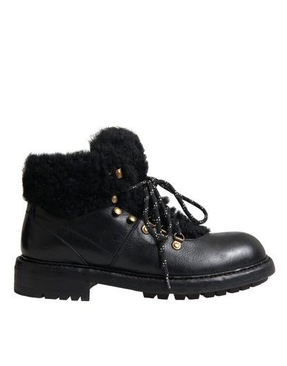 Dolce &amp; Gabbana Black Læder Bernini Shearling Boots Sko