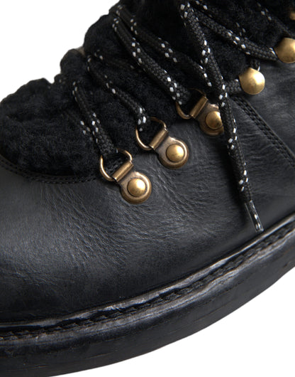 Dolce &amp; Gabbana Black Læder Bernini Shearling Boots Sko