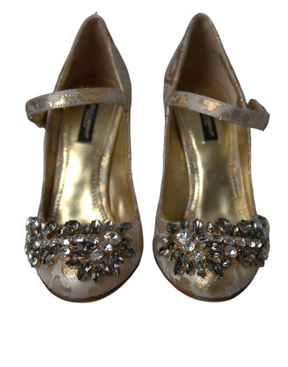 Dolce &amp; Gabbana Guld Jacquard Krystal Mary Janes Pumps Sko